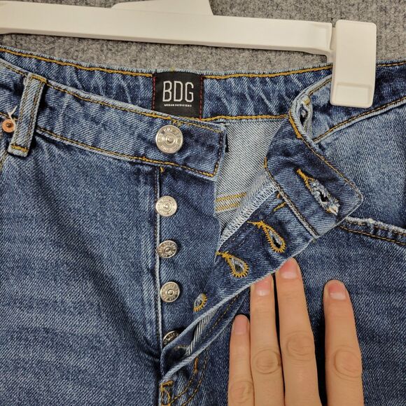 BDG Slim Straight Button Fly Cropped Distressed Denim Blue Jeans SIZE 32 - Picture 3 of 11